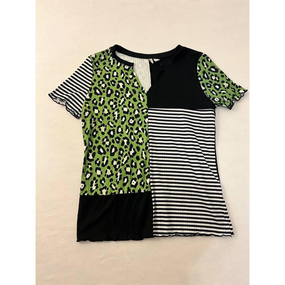 Cato Womens Medium Green Leopard Striped Patchwork Ribbed Split Neck Top RN37080